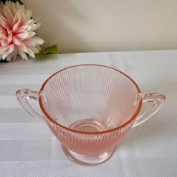 Jeanette Homespun‎ Pink Depression Glass Sugar Bowl Ribbed Art Deco Two-Handled - Picture 3 of 3